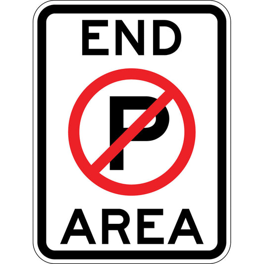 The R5-83 End No Parking (Symbolic) Area sign is a rectangular Australian Standard road sign with "END AREA" in black and a large crossed-out "P," indicating the end of a no parking zone.