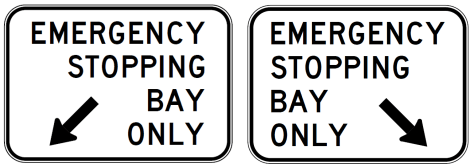 Two rectangular R5-85-1n Emergency Stopping Bay Only (L or R) signs display black downward arrows, guiding drivers to stopping bays and enhancing road safety in compliance with Australian Standards.