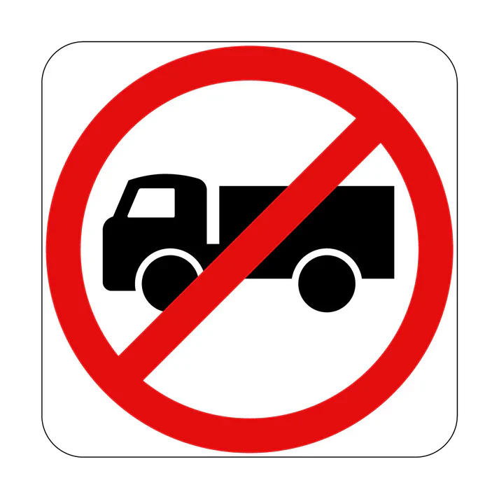 The R6-10-2 Trucks Prohibited (Symbolic) sign features a black truck icon in a red circle with a diagonal line, indicating no trucks allowed. Designed to Australian Standards for NSW regulatory road signs to improve road safety.