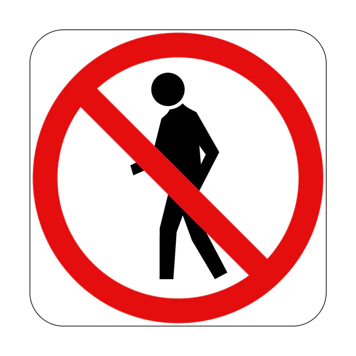 The R6-15 Pedestrians Prohibited (Symbolic) sign shows a black pedestrian figure behind a red prohibition symbol on a white background with rounded corners, indicating no pedestrian access. Designed to Australian Standards.