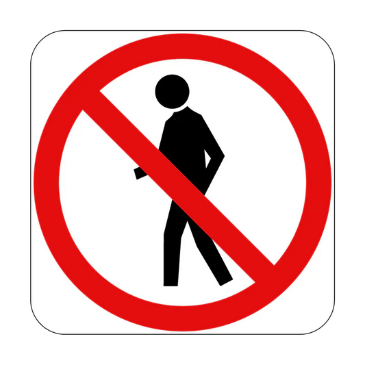 The R6-15 Pedestrians Prohibited (Symbolic) sign shows a black pedestrian figure behind a red prohibition symbol on a white background with rounded corners, indicating no pedestrian access. Designed to Australian Standards.