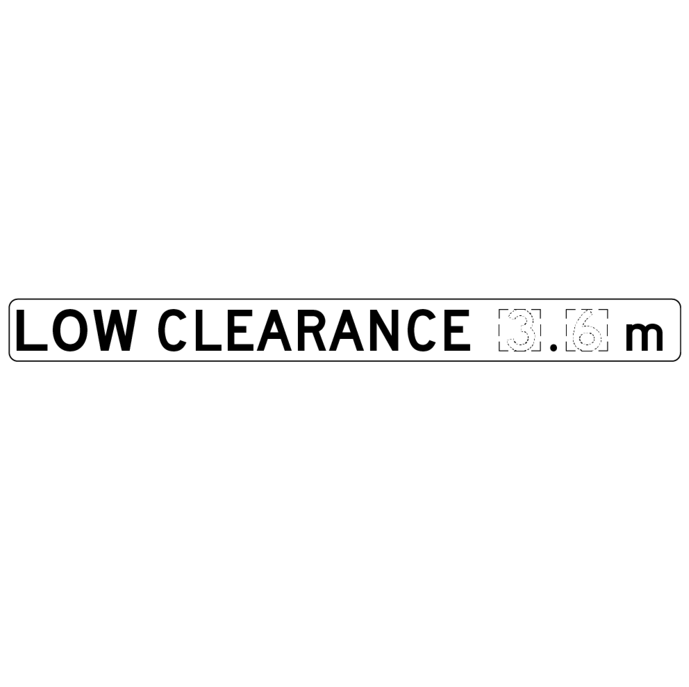 A rectangular R6-16 Low Clearance (3.6) m regulatory sign with black text on white background features "3.6 m" in a faded, outlined font, compliant with Australian Standards and Transport for NSW guidelines.