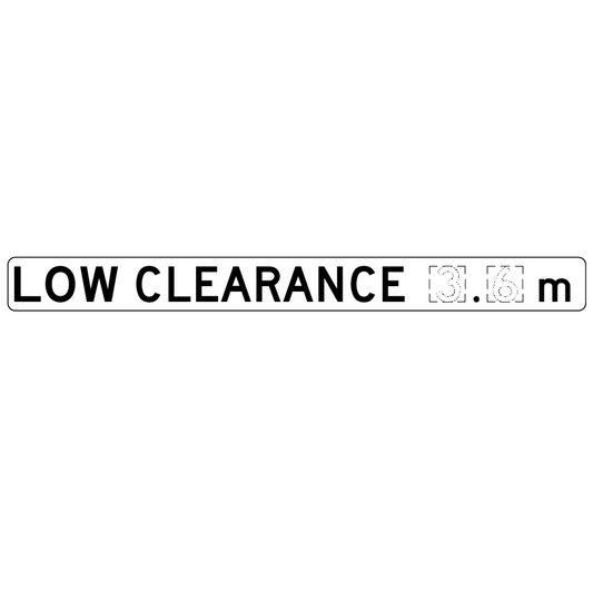 A rectangular R6-16 Low Clearance (3.6) m regulatory sign with black text on white background features "3.6 m" in a faded, outlined font, compliant with Australian Standards and Transport for NSW guidelines.