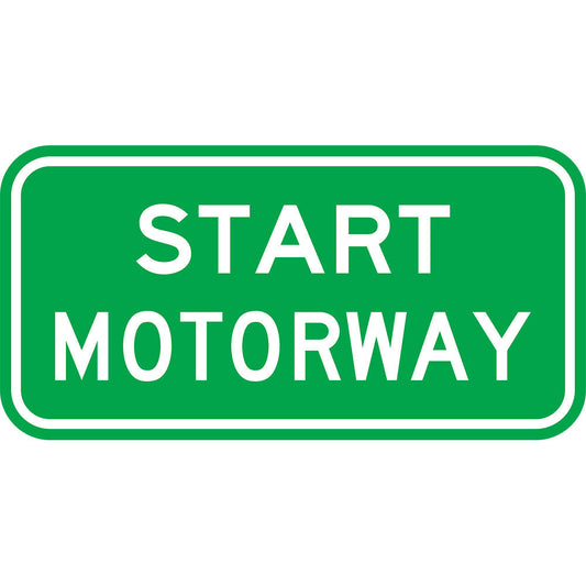 The R6-241n Start Motorway sign is a green rectangular road sign with a white border and bold white text, designed to meet Australian Standards for NSW regulatory road signs and enhance road safety.