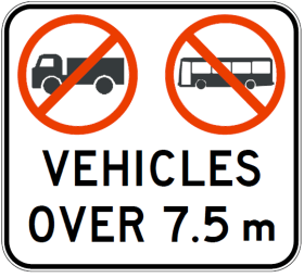 The R6-248n No Trucks Or Buses (Symbolic) Vehicles Over 7.5m sign features a red circle and slash over a truck and bus with "VEHICLES OVER 7.5 m" below, indicating vehicles over 7.5 meters are not allowed; compliant with Australian Standards.