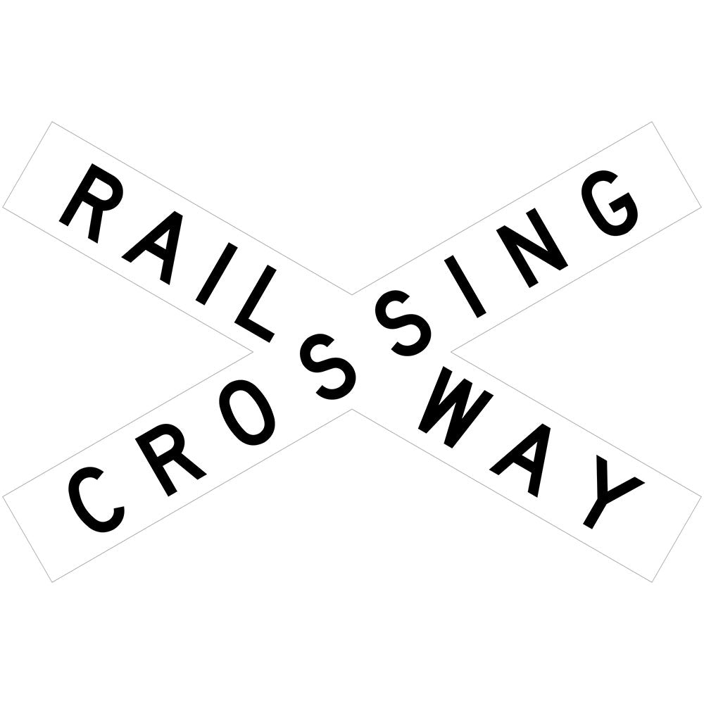 The R6-24n - Railway Crossing sign is a white, X-shaped regulatory road sign with bold black "RAILROAD CROSSING" letters, used in NSW to mark railway crossings and enhance road safety.