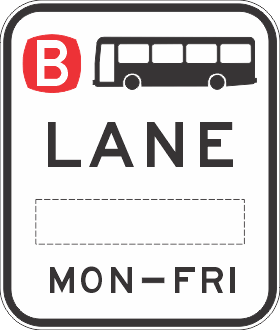 The R7-1-1-2n – Bus Lane (AM or PM) sign features a red B, bus icon, "LANE," blank section, and "MON–FRI," marking NSW regulatory road safety for bus lane operation Monday to Friday.