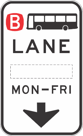 The R7-1-1-4n - Bus Lane (AM or PM) (Overhead) sign features a bus icon, "B" in a red box, "LANE," blank space, "MON-FRI," and a downward arrow per NSW standards to indicate weekday bus lane regulation.
