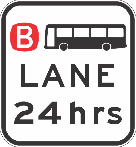 The R7-1-1-6n - Bus Lane (24hrs) is a black and white reflective regulatory road sign with a red letter B, bus icon, and "LANE 24 hrs," marking an NSW bus lane in effect 24 hours a day.
