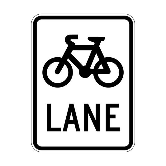 The R7-1-4 - Bicycle (symbolic) Lane sign meets Australian Standards, displaying a black bicycle symbol above "LANE" in bold black letters on a white background to indicate a designated bike lane.