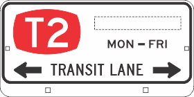 The R7-224n Transit Lane (T2 - repeater) sign features "T2" in a red oval, "MON – FRI," a blank white box above "TRANSIT LANE" in black, and left/right black arrows, designed per Australian Standards. Times are customizable as required.