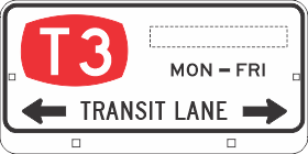 The R7-234n Transit Lane (T3 - repeater) sign meets Australian Standards, displays a red "T3," black "MON – FRI," "TRANSIT LANE," directional arrows, and specifies T3 lane usage days as required.