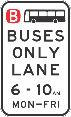 A street sign, the R7-8-2n - Buses Only Lane (AM), displays "Buses Only Lane, 6-10 AM, Mon–Fri" with a bus icon and red "B," crafted to NSW regulatory standards with reflective features for high visibility.