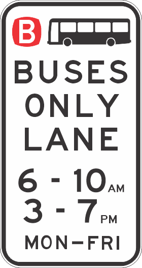 The R7-8-4n - Buses Only Lane (AM & PM) sign indicates a bus-only lane from 6–10 AM and 3–7 PM, Monday to Friday, meeting NSW standards. It features a bus icon and “B” in a red circle at the top left.