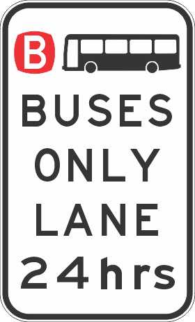 The R7-8-6n - Buses Only Lane 24(hrs) sign, compliant with Australian Standards, features a bus icon, red "B" in a circle, and “BUSES ONLY LANE 24 hrs,” indicating the lane is always reserved for buses.