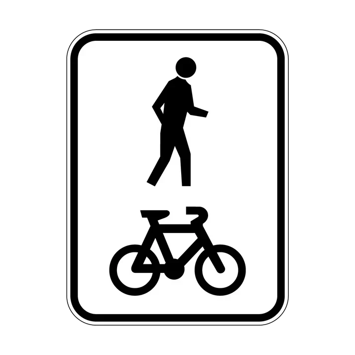 The R8-2 - Shared Path sign features a black walking person icon above a bicycle icon on white with a black border, indicating a shared path for pedestrians and cyclists as per NSW regulatory road signs and Australian Standards.