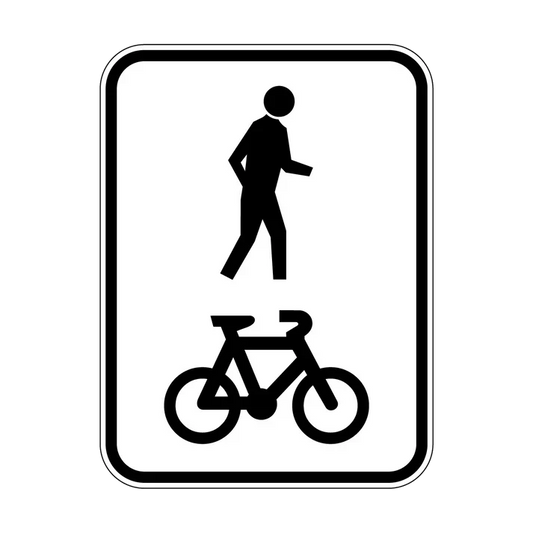 The R8-2 - Shared Path sign features a black walking person icon above a bicycle icon on white with a black border, indicating a shared path for pedestrians and cyclists as per NSW regulatory road signs and Australian Standards.