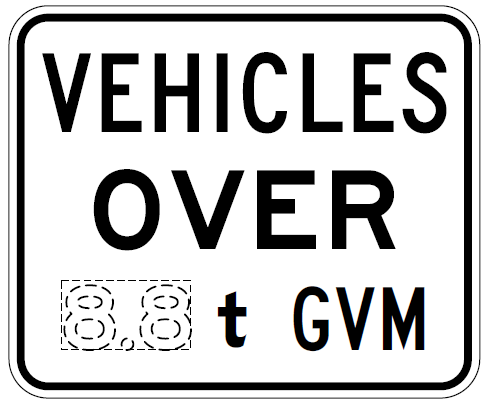 The R9-10-1 Mass Restriction Vehicles Over x(t) GVM sign is a black and white NSW road sign stating "VEHICLES OVER 8.8 t GVM," restricting vehicles exceeding 8.8 tonnes, compliant with Australian Standards.