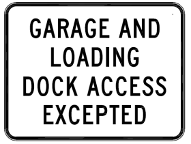 The R9-203-3n is a rectangular regulatory road sign with a white background, black border, and bold uppercase text "GARAGE AND LOADING DOCK ACCESS EXCEPTED," compliant with Australian Standards.