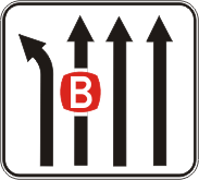 The R9-209-6n Bus Lane Diagrammatic sign shows four lanes: leftmost curves left, the second (with a shield) goes straight as a bus lane, and the two right lanes go straight, meeting Australian Standards.