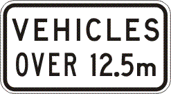 The R9-223n - Vehicles Over 12.5m is a black and white NSW regulatory road sign, designed to Australian Standards, indicating restrictions for vehicles over 12.5 meters in length.