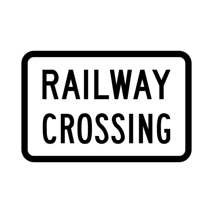 The R9-236n - Railway Crossing is a rectangular NSW regulatory road sign with a black border, bold black text on white, and reflective features for clear visibility.