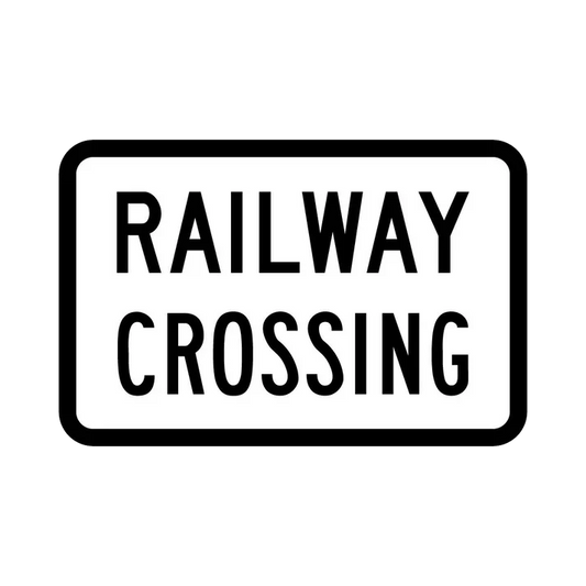 The R9-236n - Railway Crossing is a rectangular NSW regulatory road sign with a black border, bold black text on white, and reflective features for clear visibility.