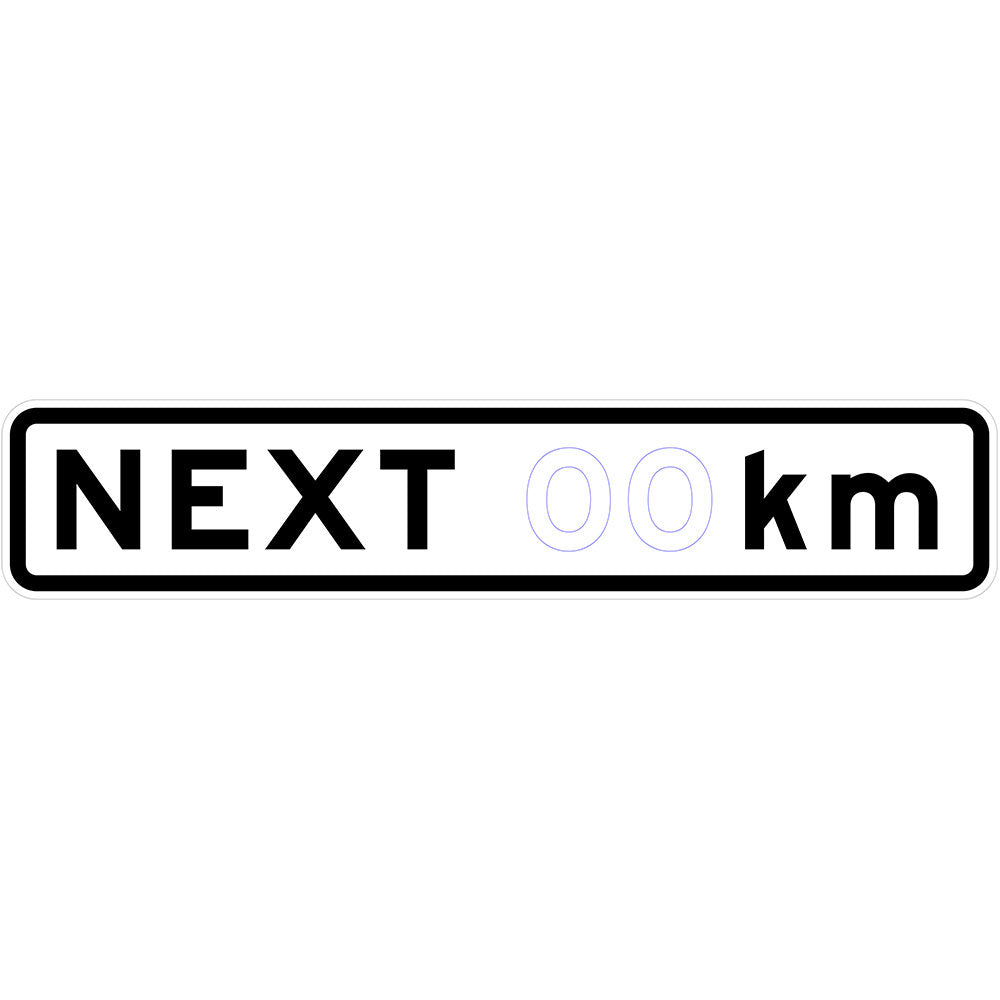 The R9-7-1 - Next (xx)km is a rectangular Australian Standards road sign with a white background, black border, bold "NEXT (xx) km" text, outlined digits, and reflective finish used for NSW regulatory notifications.