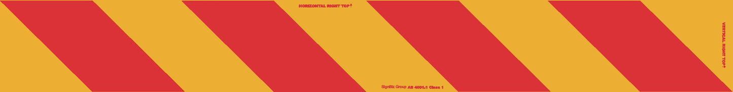 A pattern of alternating diagonal red and yellow stripes, resembling a reflective marker for the "Truck Marker Right Side Only," fills the image. Small red text appears at the top center, bottom center, and along the right edge.
