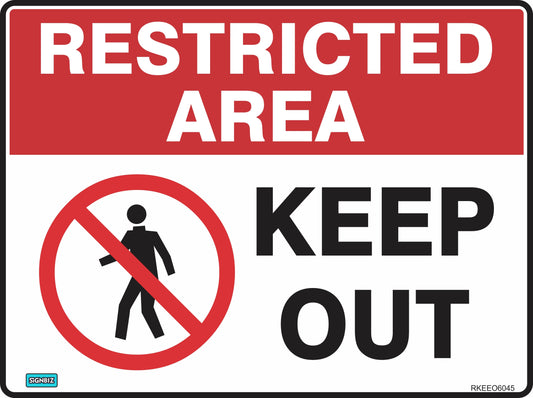 The "Restricted Area Keep Out" sign features "RESTRICTED AREA" in white on red, a no-entry symbol, and "KEEP OUT" in bold black letters on white, complying with Australian safety standards.