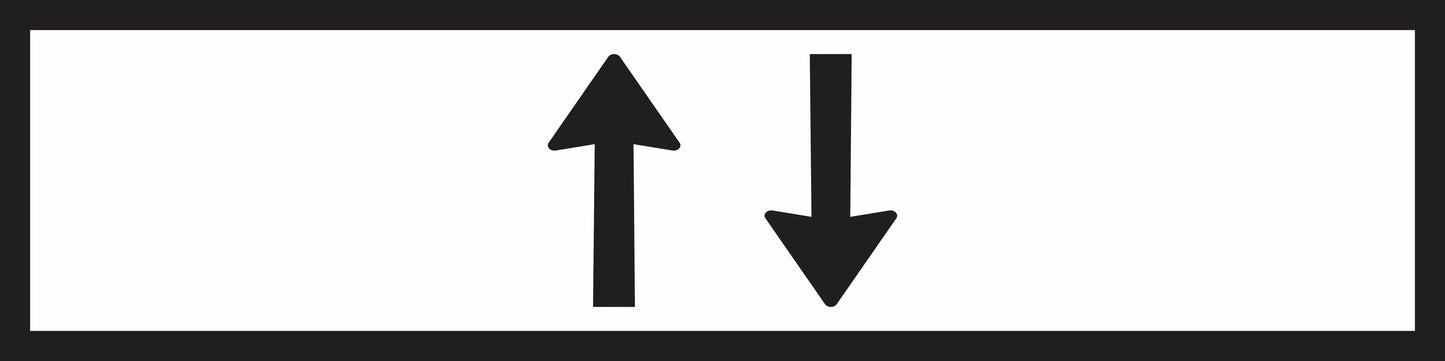 The RM2-11n(B) - Two Way (Symbolic) Mms Insert shows black up and down arrows side by side on white, with a black border; for Multi Message Sign panels, compliant with Australian Standards.