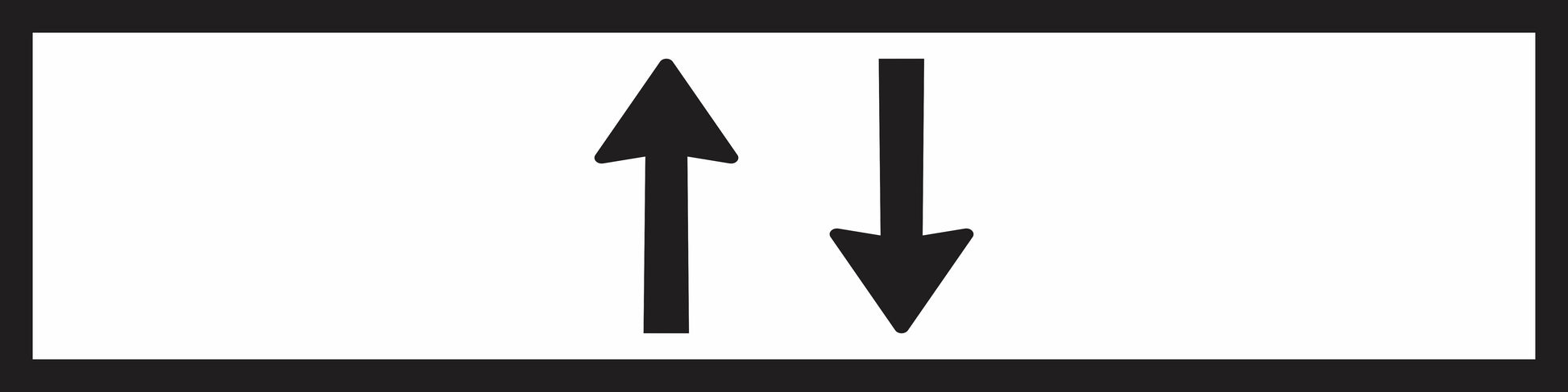 The RM2-11n(B) - Two Way (Symbolic) Mms Insert shows black up and down arrows side by side on white, with a black border; for Multi Message Sign panels, compliant with Australian Standards.