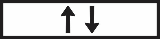 The RM2-11n(B) - Two Way (Symbolic) Mms Insert shows black up and down arrows side by side on white, with a black border; for Multi Message Sign panels, compliant with Australian Standards.