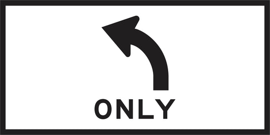 The RM2-14n(L)(C) sign features a black left turn arrow with "ONLY" below on a white rectangular panel with black border, designed for use on Multi Message Sign panels as part of NSW regulatory road safety signage.
