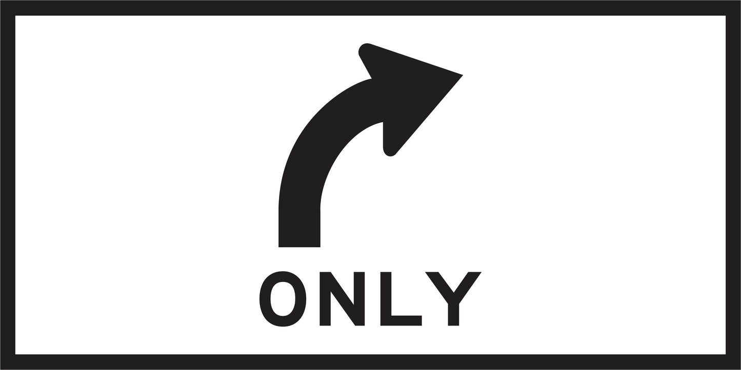 The RM2-14n(R)(C) - Right Only (Mms Insert) displays a black right-curving arrow above "ONLY" in caps, all within a black rectangle on white. Designed for use on Multi Message Sign panels, it meets NSW road safety standards.
