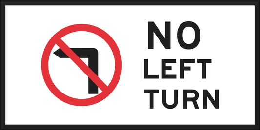 The RM2-6n(L)(C) No Left Turn (Symbolic) Mms Insert features a black left-turn arrow with a red prohibition symbol, displayed on NSW-style multi message sign panels.