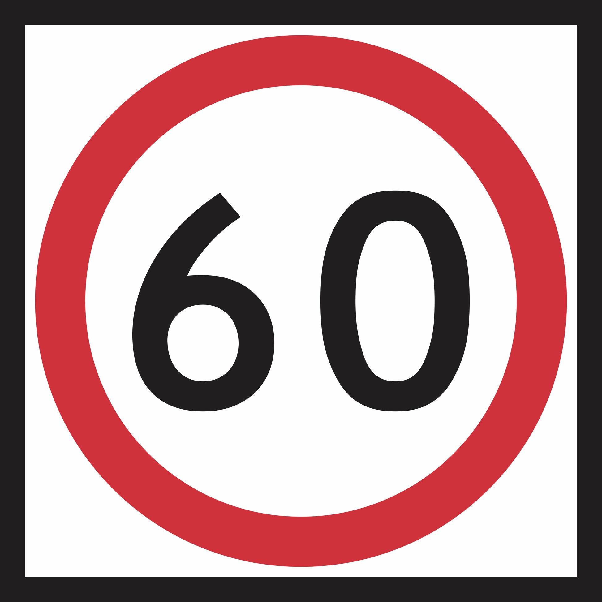 The RM4-1(A) Speed Limit sign features a red circle border with bold black “60” at the center to indicate a 60 km/h maximum speed limit, designed for use on Multi Message Sign panels and compliant with Australian Standards.