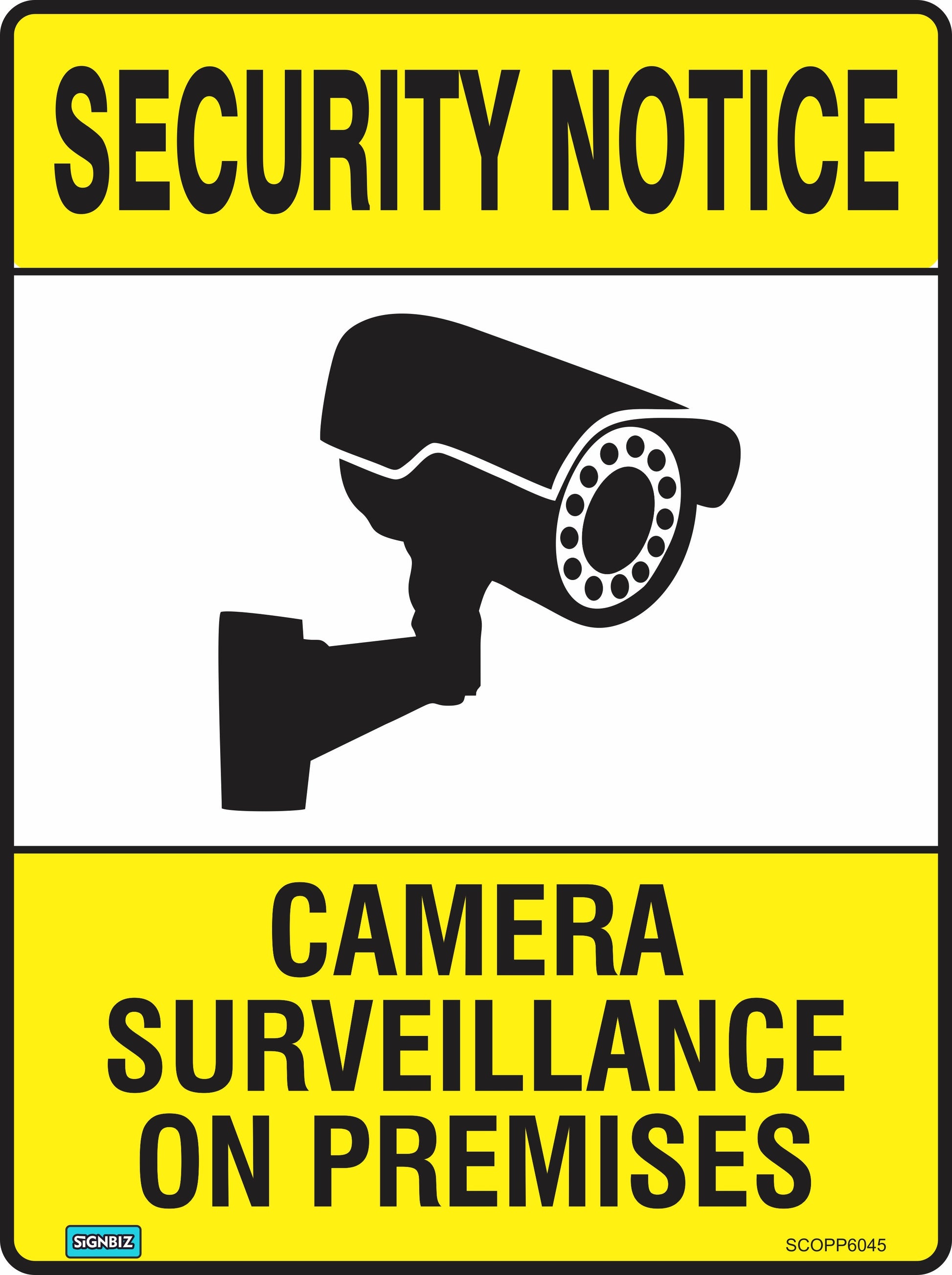 The Security Cam Surv On Premises sign features a yellow design with "SECURITY NOTICE" on top, a camera icon in the center, and "CAMERA SURVEILLANCE ON PREMISES" below. It complies with AS/NZS1319 safety sign standards.