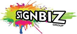 The image displays the Signbiz Group logo with "SIGNBIZ" in bold white and black over a vibrant paint splatter, emphasizing their expertise in NSW regulatory road signs like the R5-60 - Area (name) Parking Area _p (specified times) - Major entry, with "GROUP" below.