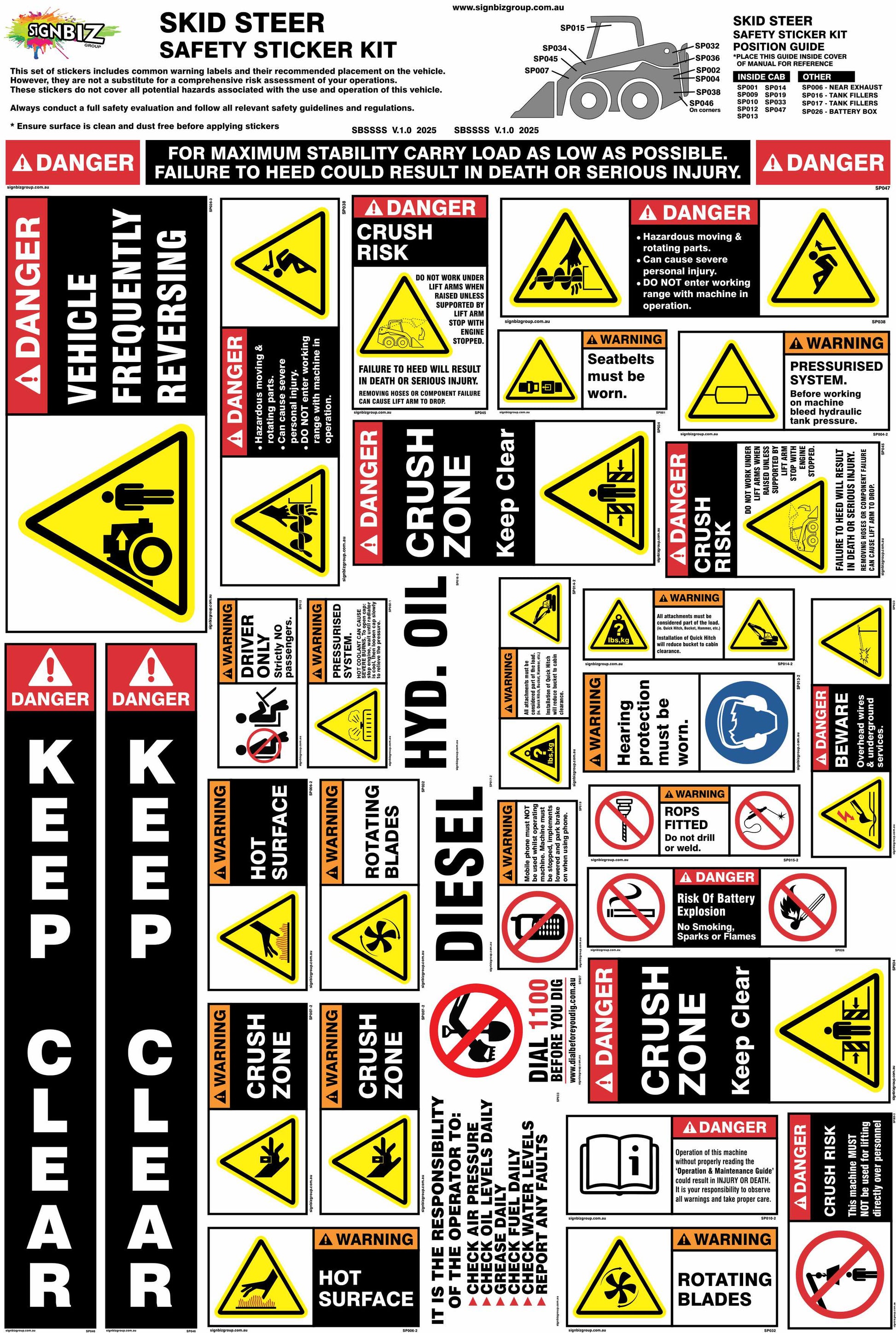 The Sticker Kit - Skid Steer includes safety decals for crush risk, rotating cutters, hot surfaces, diesel fuel, hydraulic oil, vehicle movement, and multiple red, yellow, black & white “Danger Keep Clear” labels.