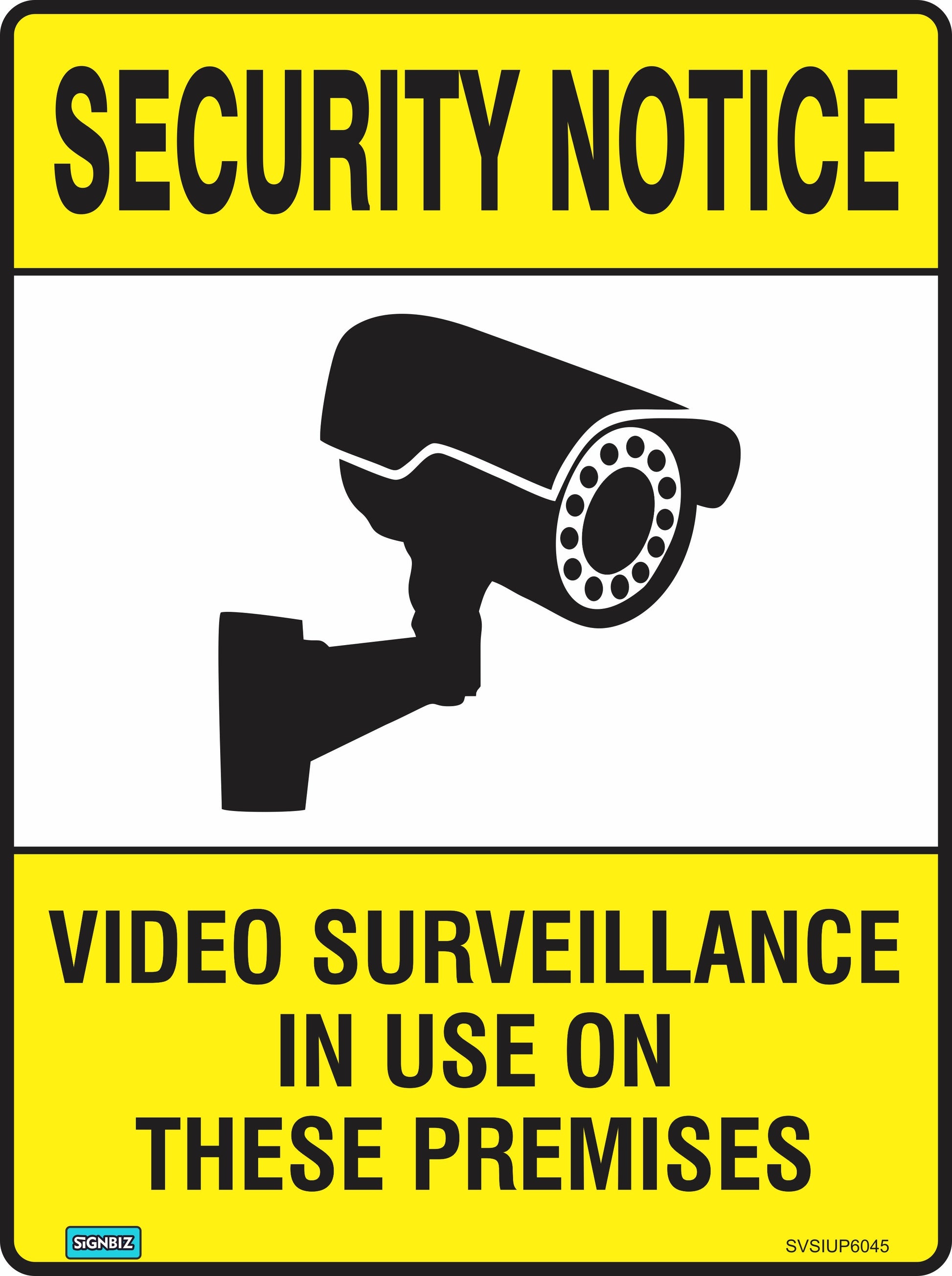 The Sec Video Surveillance In Use Premises sign is yellow and black, displays “Security Notice” and “Video Surveillance in Use on These Premises,” includes a camera graphic, and meets AS/NZS1319 safety sign standards.