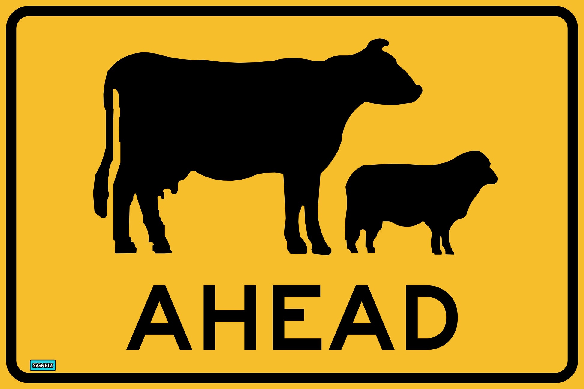 A yellow road sign labeled "SWING STAND SIGN ONLY - STOCK CATTLE AHEAD" features a cow and sheep silhouette above the word "AHEAD," warning drivers of possible livestock on or near the road.