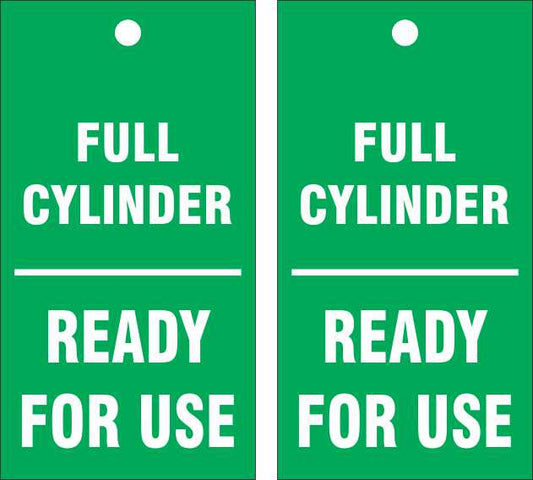 The FULL CYLINDER TAG PACK OF 50 includes green tags with white "FULL CYLINDER READY FOR USE" text and a top hole for easy attachment, designed to indicate a gas cylinder’s status.