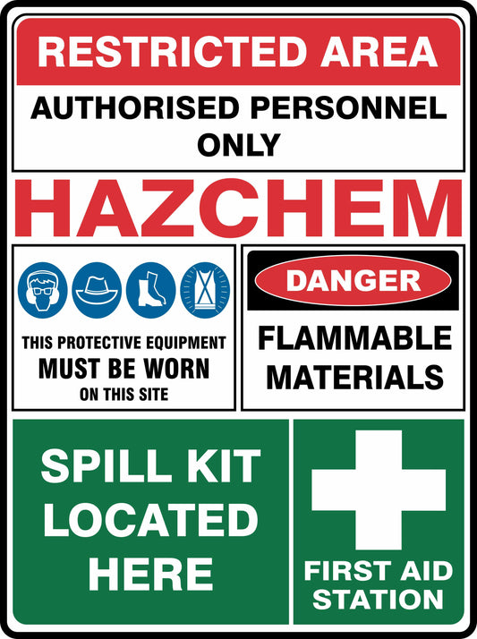 The Restricted Area Site Sign Multi 2 TASMAN features warnings: "Restricted Area Authorised Personnel Only," "HAZCHEM," mandatory PPE symbols, "Danger Flammable Materials," plus icons for nearby spill kit and first aid station.