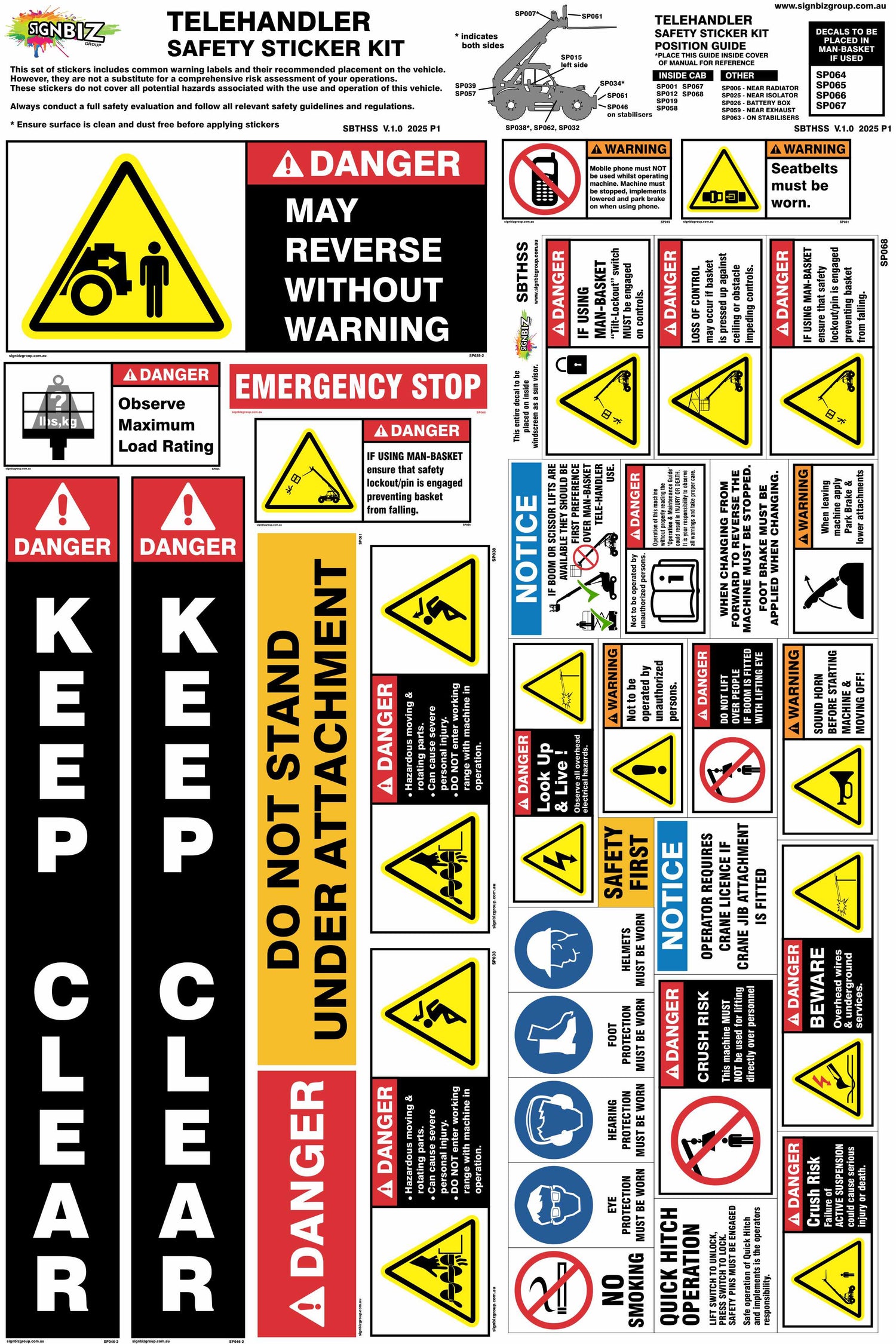 The Sticker Kit - Telehandler includes safety decals such as “KEEP CLEAR,” “DANGER,” pictograms, notice labels, emergency stop, and load rating symbols—perfect for enhancing your telehandler safety documentation.
