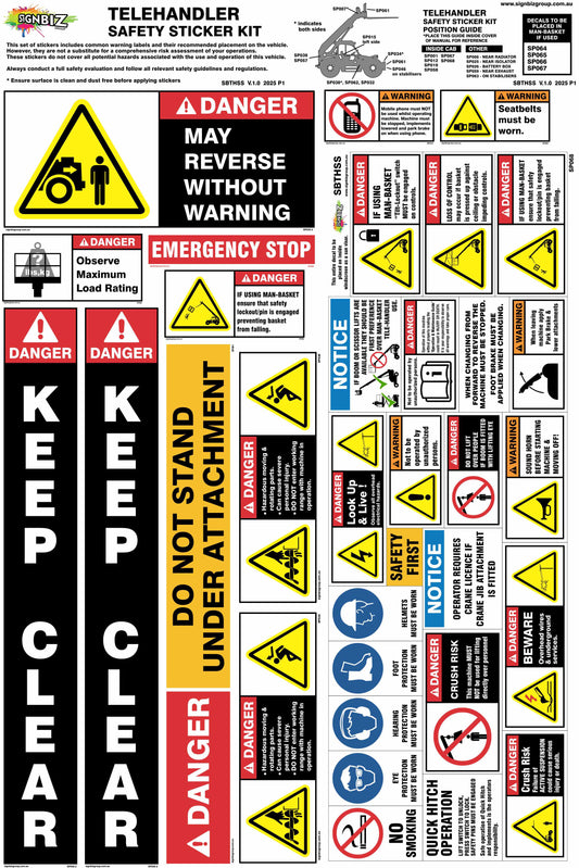 The Sticker Kit - Telehandler includes safety decals such as “KEEP CLEAR,” “DANGER,” pictograms, notice labels, emergency stop, and load rating symbols—perfect for enhancing your telehandler safety documentation.
