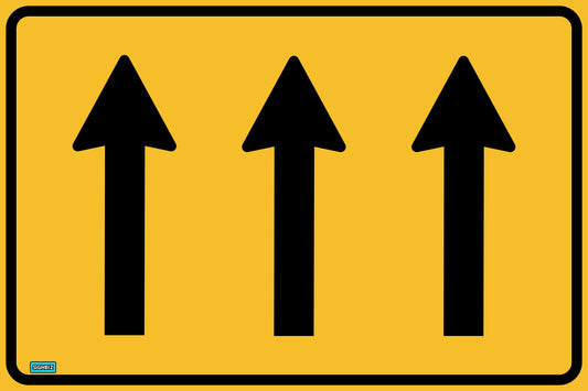 The SWING STAND SIGN ONLY - 3 LANES is a yellow rectangular road sign featuring three large black arrows pointing straight up, indicating that all three lanes must continue straight ahead.