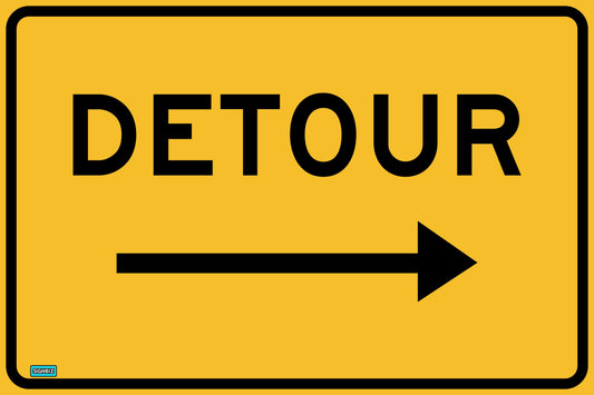 A yellow rectangular SWING STAND SIGN ONLY - DETOUR RIGHT features "DETOUR" in black letters above a black right-pointing arrow, indicating an alternate route to the right.