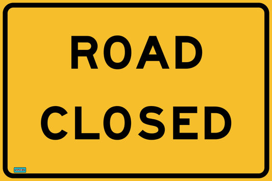 A rectangular yellow SWING STAND SIGN ONLY with a black border and bold black all-caps text that reads "ROAD CLOSED.