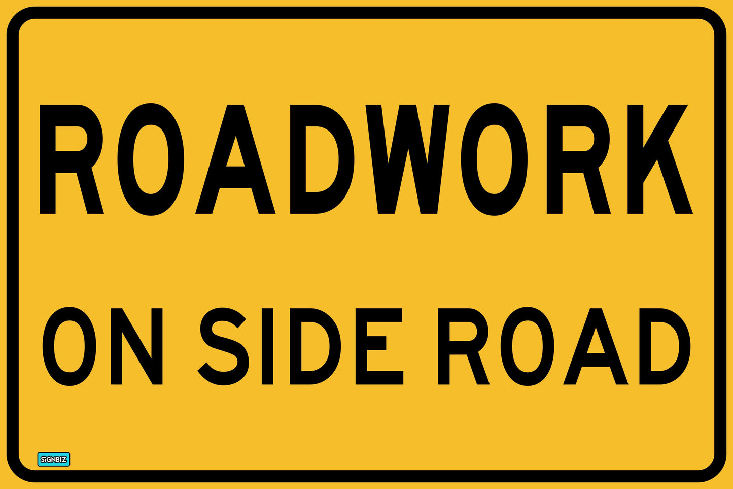 A yellow rectangular "SWING STAND SIGN ONLY - ROADWORK ON SIDE ROAD" road sign with black text.
